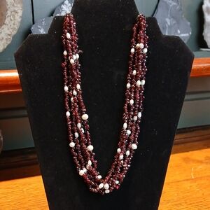 Five-stranded Garnet and Pearl Necklace